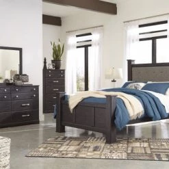 Ashley Reylow Dark Brown Queen Poster Bed With Dresser Mirror & Nightstand
