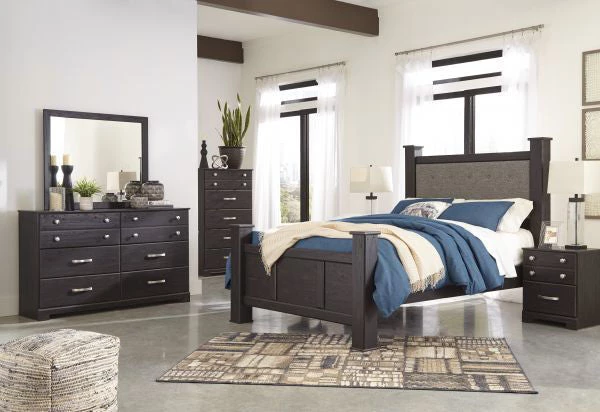Ashley Reylow Dark Brown Queen Poster Bed With Dresser Mirror & Nightstand 1 Ashley Reylow Dark Brown Queen Poster Bed With Dresser Mirror & Nightstand