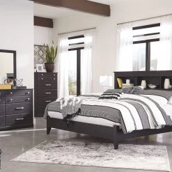 Ashley Bedroom Reylow Dark Brown King Bookcase Bed W/ Dresser Mirror & Nightstand