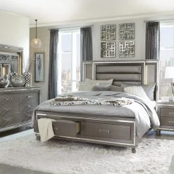 Home Elegance Tamsin Champagne Gray King Bed, Dresser W/ Mirror, Nightstand Bedroom