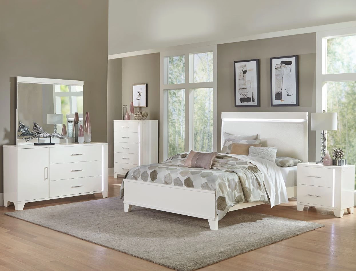 Home Elegance Keren White King Bed With LED Headboard W/ Dresser & Mirror Bedroom 1 Home Elegance Keren White King Bed With LED Headboard W/ Dresser & Mirror Bedroom