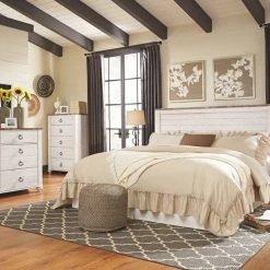 Ashley Willowton Whitewash King Bed With Dresser & Mirror King Beds