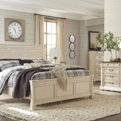 Ashley Bolanburg Antique White Queen Louvered Bed W/ Dresser Mirror & Nightstand Bedroom