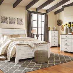 Ashley Willowton Whitewash Queen Bed W/ Dresser Mirror & Nightstand