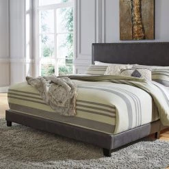 Ashley Vintasso King Upholstered Nailhead Trim Headboard, Footboard, Roll Slats -Gray