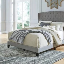 Ashley Bedroom Vintasso Queen Upholstered Button Tufted Headboard, Footboard, Roll Slats -Gray