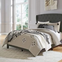 Ashley Vintasso Queen Upholstered Button Tufted Headboard, Footboard, Roll Slats -Charcoal Bedroom