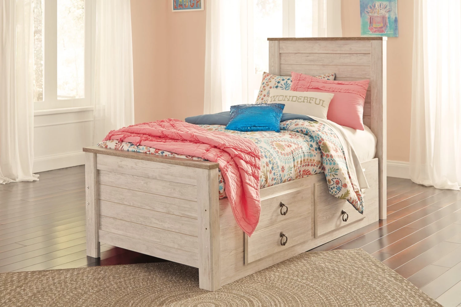 Ashley Willowton Twin Panel Bed With Under Bed Storage - Whitewash Beds 1 Ashley Willowton Twin Panel Bed With Under Bed Storage - Whitewash Beds