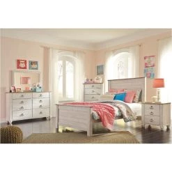 Ashley Willowton Whitewash Full Bed W/ Dresser Mirror & Nightstand Bedroom