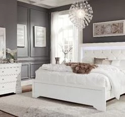 Global Pompei Metallic White Queen Bed And Dresser W/ Mirror, Nightstand Queen Beds