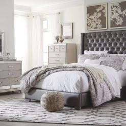 Ashley Bedroom Coralayne King Tufted Upholstered Bed W/ Dresser Mirror & Nightstand