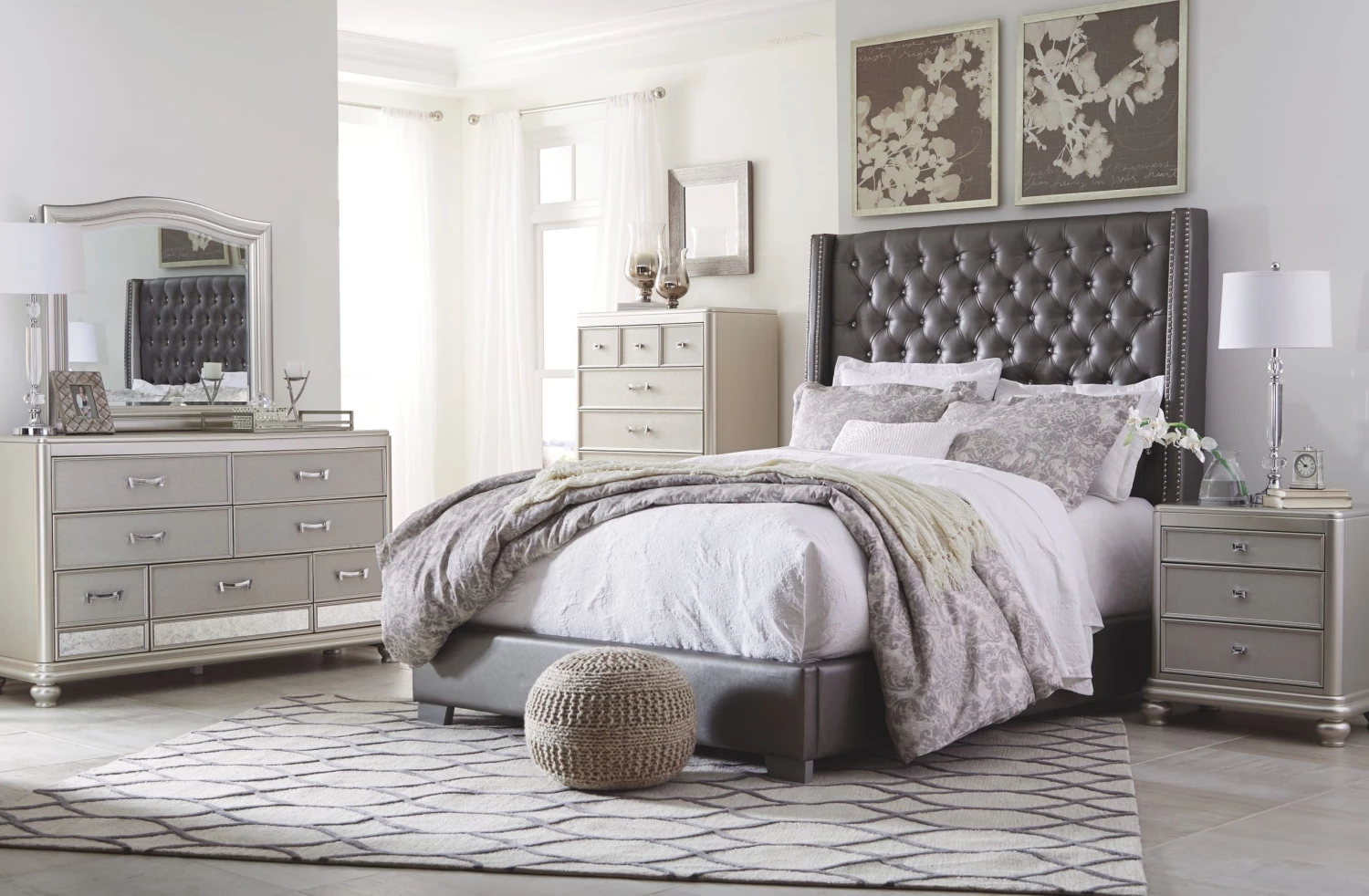 Ashley Bedroom Coralayne King Tufted Upholstered Bed W/ Dresser Mirror & Nightstand 1 Ashley Bedroom Coralayne King Tufted Upholstered Bed W/ Dresser Mirror & Nightstand