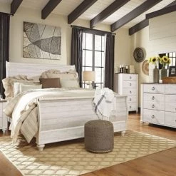 Ashley Bedroom Willowton Whitewash King Sleigh Bed W/ Dresser Mirror & Nightstand