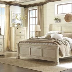 Ashley Bolanburg Antique White King Louvered Bed With Dresser Mirror & Nightstand