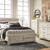Ashley Bedroom Bellaby Whitewash Queen Storage Bed W/ Dresser Mirror & Nightstand