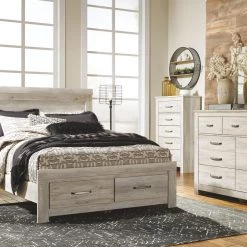 Ashley Bedroom Bellaby Whitewash Queen Storage Bed W/ Dresser Mirror & Nightstand