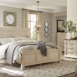 Ashley Bolanburg Antique White Queen Bed W/ Dresser Mirror & Nightstand