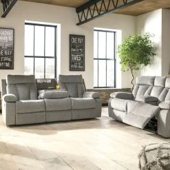 Ashley Mitchiner Fog REC Sofa With Drop Down Table & DBL REC Loveseat With Console Living Room