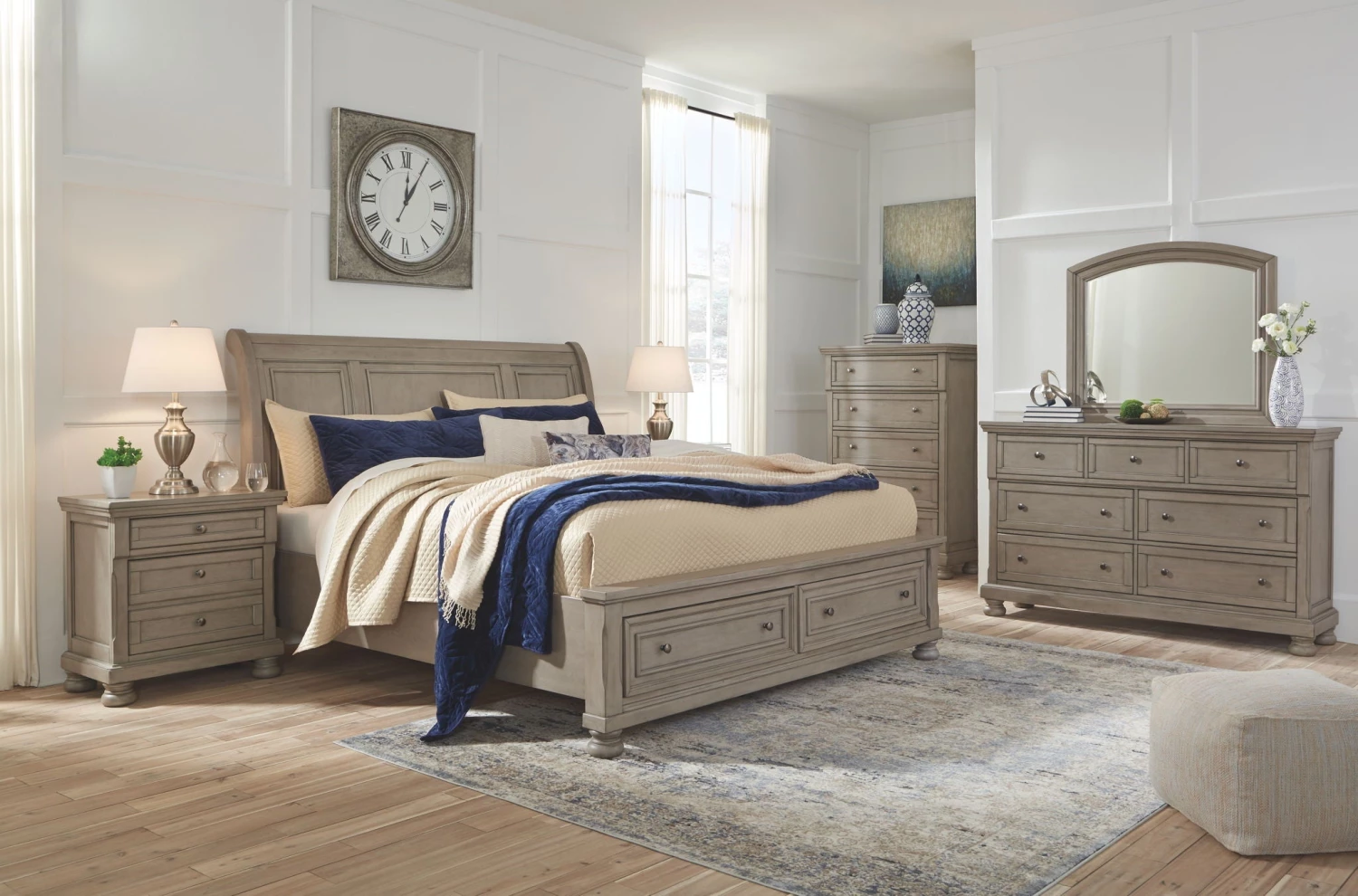 Ashley Lettner King Storage Bed W/ Dresser Mirror & Nightstand 1 Ashley Lettner King Storage Bed W/ Dresser Mirror & Nightstand