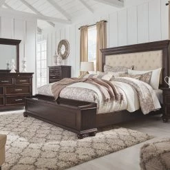 Ashley Brynhurst Dark Brown Queen Upholstered Storage Bed W/ Dresser & Mirror