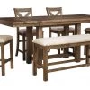 Ashley Dining Room Moriville Grayish Brown Table 4 Barstools& Double Upholstered Bench