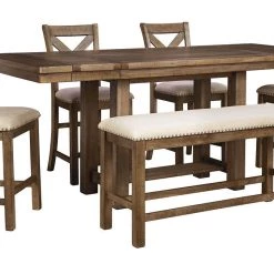 Ashley Dining Room Moriville Grayish Brown Table 4 Barstools& Double Upholstered Bench