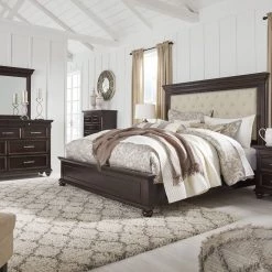 Ashley Brynhurst Dark Brown King Upholstered Bed W/ Dresser & Mirror
