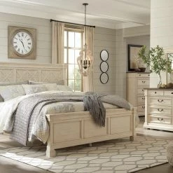 Ashley Bolanburg Antique White Queen Louvered Bed With Dresser Mirror & Nightstand Bedroom