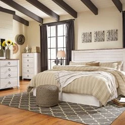 Ashley King Beds Willowton Whitewash King Bed With Dresser Mirror & 2 Nightstand
